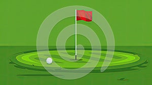 A golf ball is on a green grass field with a red flag in the foreground