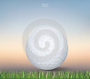 Golf ball on green grass field with sunset sky background. Abstract background for golf sport presentation. Vector