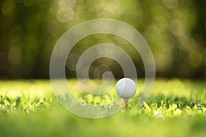 Golf ball on green grass with golf course background