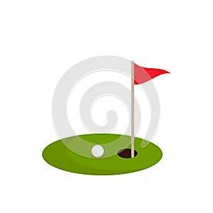Golf ball on green grass and hole with red flag. Isolated on white background