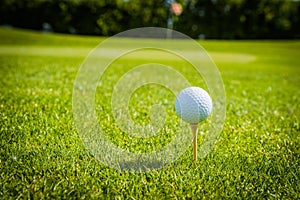 Golf ball on golf green grass natural fairway