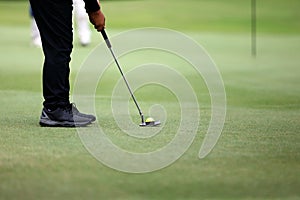 Golf ball on green grass ready to be struck on grass background