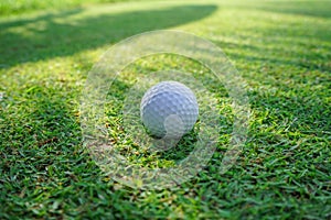 Golf ball on green grass sunset background