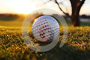Golf ball on green grass with sunset in background,  Close up
