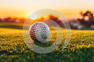 Golf ball on green grass and sunset background,  Golf ball on golf course,  Golf ball on green grass