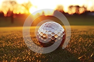 Golf ball on green grass at sunset, close up,  Space for text
