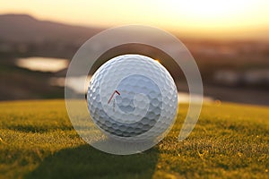 Golf ball on green grass at sunset,  Golf ball on a golf course