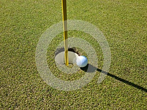 Golf ball on the green lawn. Golfing