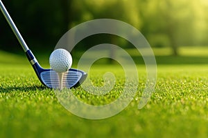 Let`s golf today. Close up of a golf white ball on the green tee and the iron