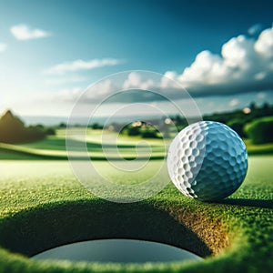 Golf ball hangs on the lip of beautiful golf course hole