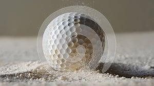 Golf ball hitting the sand in a bunker, with grains of sand flying around, captured in a close-up shot