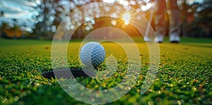 Golf ball on hole edge at golf course, surrounded by grass in natural landscape