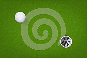 Golf ball and golf hole on green grass background. Vector.