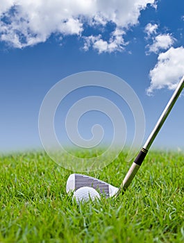 Golf ball and iron on tall grass