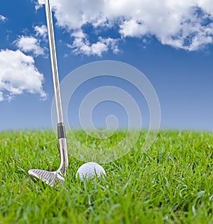 Golf ball and iron on tall grass