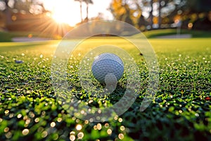 golf ball on lawn on golf course in summer at sunset close up