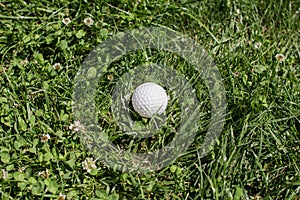 Golf ball lies in green grass