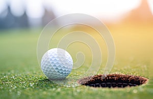 Golf ball lies near targeted hole on field waiting for putt