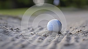 Golf ball lodged in a sand trap, close up, with a blurred green background, emphasizing the dimpled texture of the ball