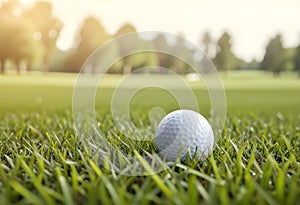 A golf ball on a lush green grass field with blurred trees in the background