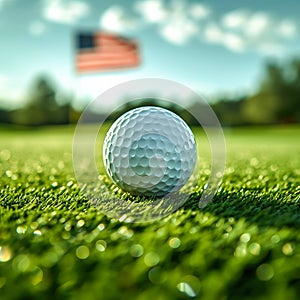 Golf ball lying on the golf course - American flag in the background