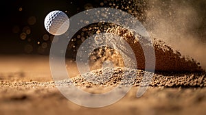 Golf ball mid-air with sand trailing behind, indicating a shot from a bunker