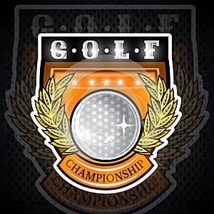 Golf ball in the middle of golden wreath on the shield. Sport logo for any team