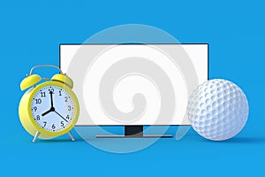 Golf ball near alarm clock and tv with white isolated screen