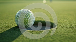 Golf ball near the hole on a lush green course, bathed in soft sunlight, capturing a moment of anticipation
