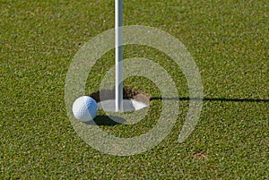 Golf ball next to cup