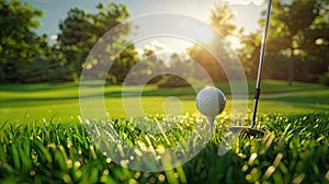 a golf ball placed delicately on the tee, poised for action, with a golf iron resting in lush green grass against a