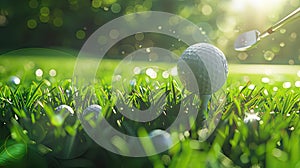 a golf ball placed delicately on the tee, poised for action, with a golf iron resting in lush green grass against a