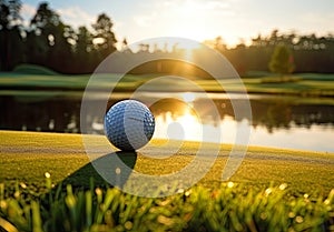 golf ball placed on the lush green fairway of a beautiful golf course on a sunny day.