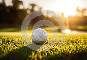 golf ball placed on the lush green fairway of a beautiful golf course on a sunny day.