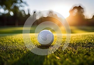 golf ball placed on the lush green fairway of a beautiful golf course on a sunny day.