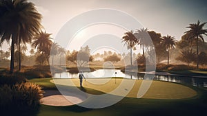 Golf ball player in a tropical resort golf course - Generative AI