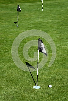 Golf ball on practice putting green next to hole and flag, sunny morning