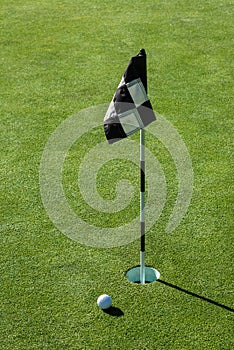 Golf ball on practice putting green next to hole and flag, sunny morning