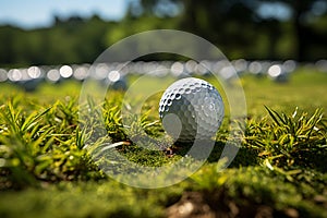 Golf ball on putting green next to hole