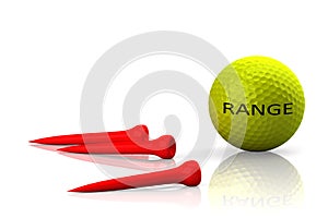 Golf ball and red tee's on white background