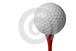 Golf ball on red tee, white background