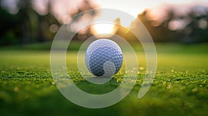 A golf ball rests on the green grass of a golf course