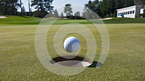 Golf ball rolling into the hole at the edge of the cup