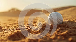 Golf ball rolling on sandy terrain with dust trailing behind, warm sunlight in the background