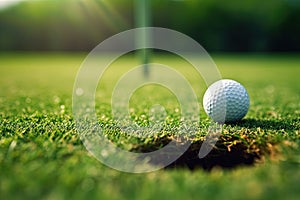 A golf ball sitting next to a hole on a perfect golf green. Generative AI