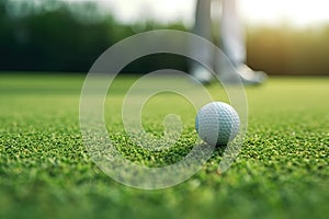 A golf ball sitting next to a hole on a perfect golf green. Generative AI