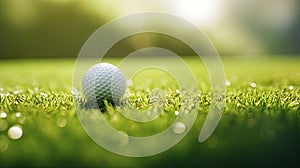 a golf ball sitting on the smooth, short-cropped grass of a putting green. The ball's texture and the precision of