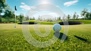 a golf ball sitting on the smooth, short-cropped grass of a putting green. The ball's texture and the precision of