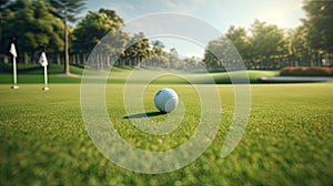 a golf ball sitting on the smooth, short-cropped grass of a putting green. The ball's texture and the precision of
