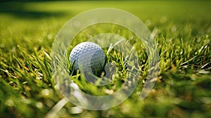 a golf ball sitting on the smooth, short-cropped grass of a putting green. The ball's texture and the precision of